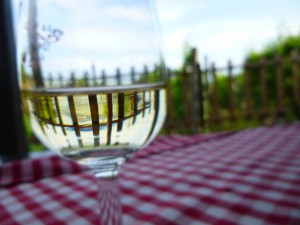 Glass of Wine on Deck with Wood Fence in Background